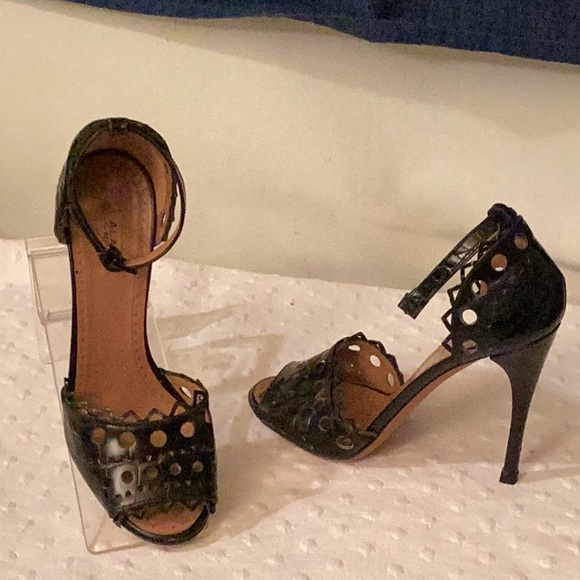 Alaina Paris black laser cut stiletto heels ankle straps leather sandals #37/7 M - Picture 1 of 11